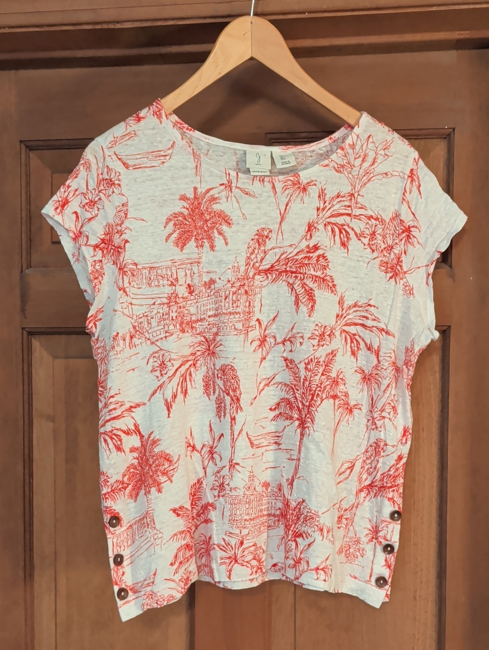 Joie White Tee with Coral Tropical Palm Print